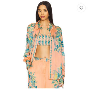 Hemant & Nandita Oversized Pink & Blue Paisley Floral Button Up Blouse Satin SM